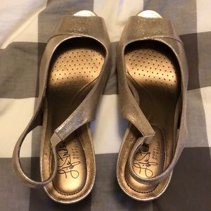 Gold peep toe heels only worn once for a wedding